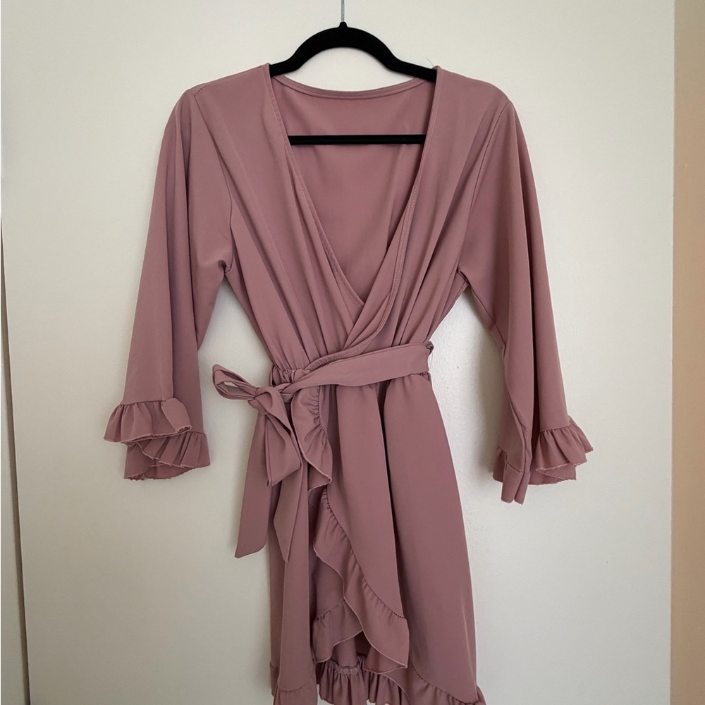 Elegant Mauve Wrap Dress with Ruffle Details